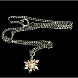 Vintage Sunburst Rhinestone And Faux Pearl Pendant Necklace